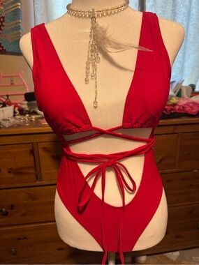 SHEIN Red Strappy Cutout One-Piece Swimsuit